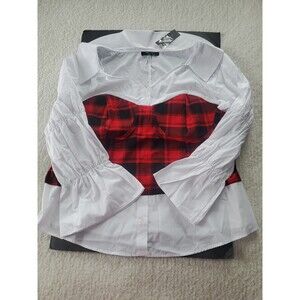 Romeo & Juliet Couture 22 Romantic Buffalo Plaid Bustier Style Poet Sleeve Shirt
